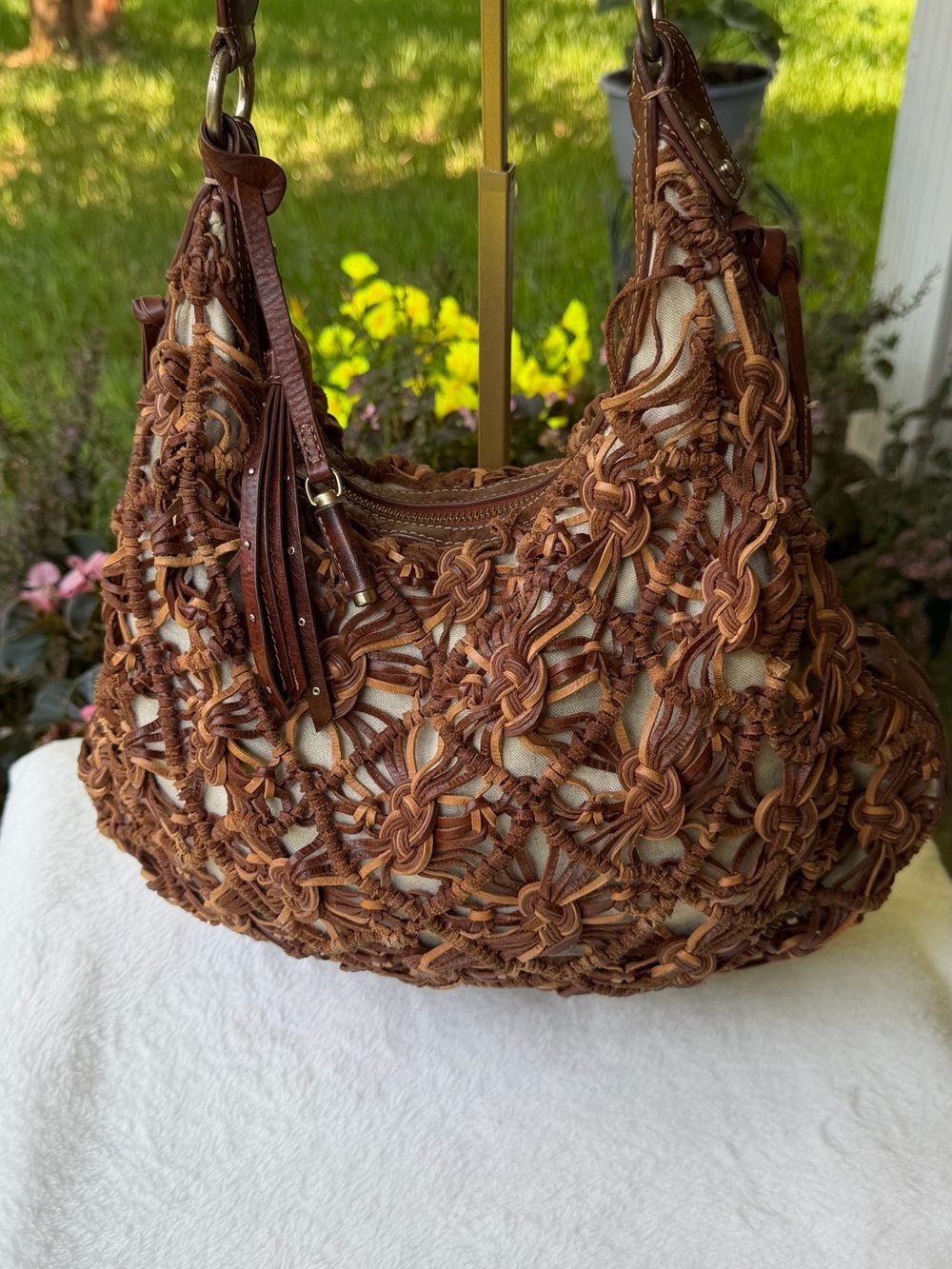 Liz Claiborne Vintage Genuine Leather Braided Macramé Hobo Shoulder Bag